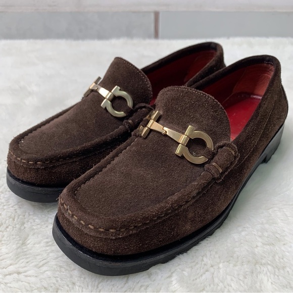 Salvatore Ferragamo Boy's Gancini Brown Leather Suede Loafers Size 4
